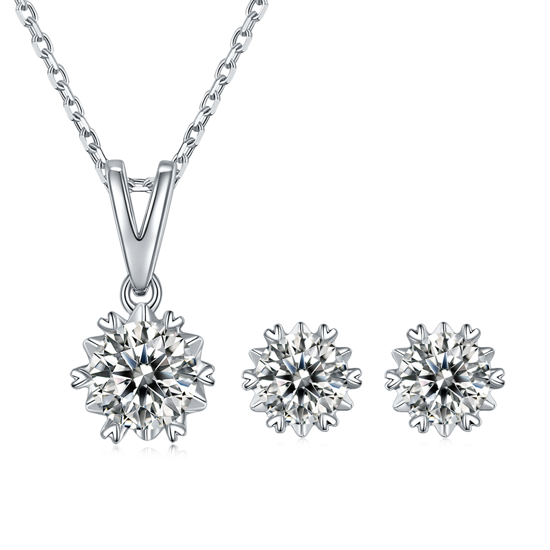 Moissanite Classic Snowflake Pendant & Stud Earrings Set in White Gold Plated Sterling Silver#2