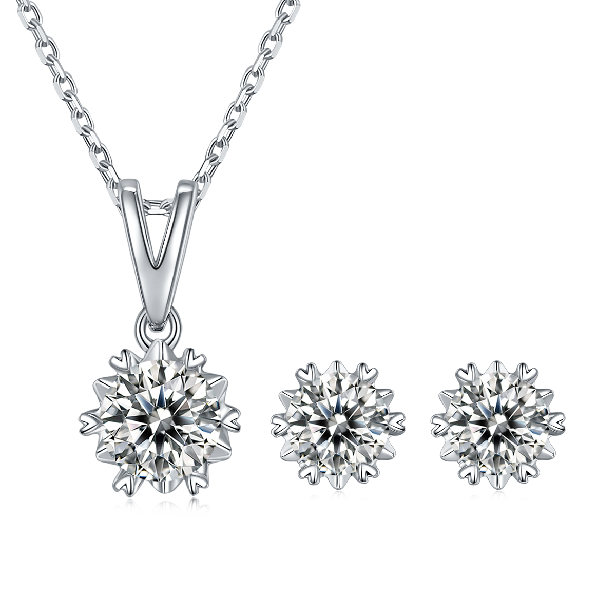 Moissanite Classic Snowflake Pendant & Stud Earrings Set in White Gold Plated Sterling Silver#2