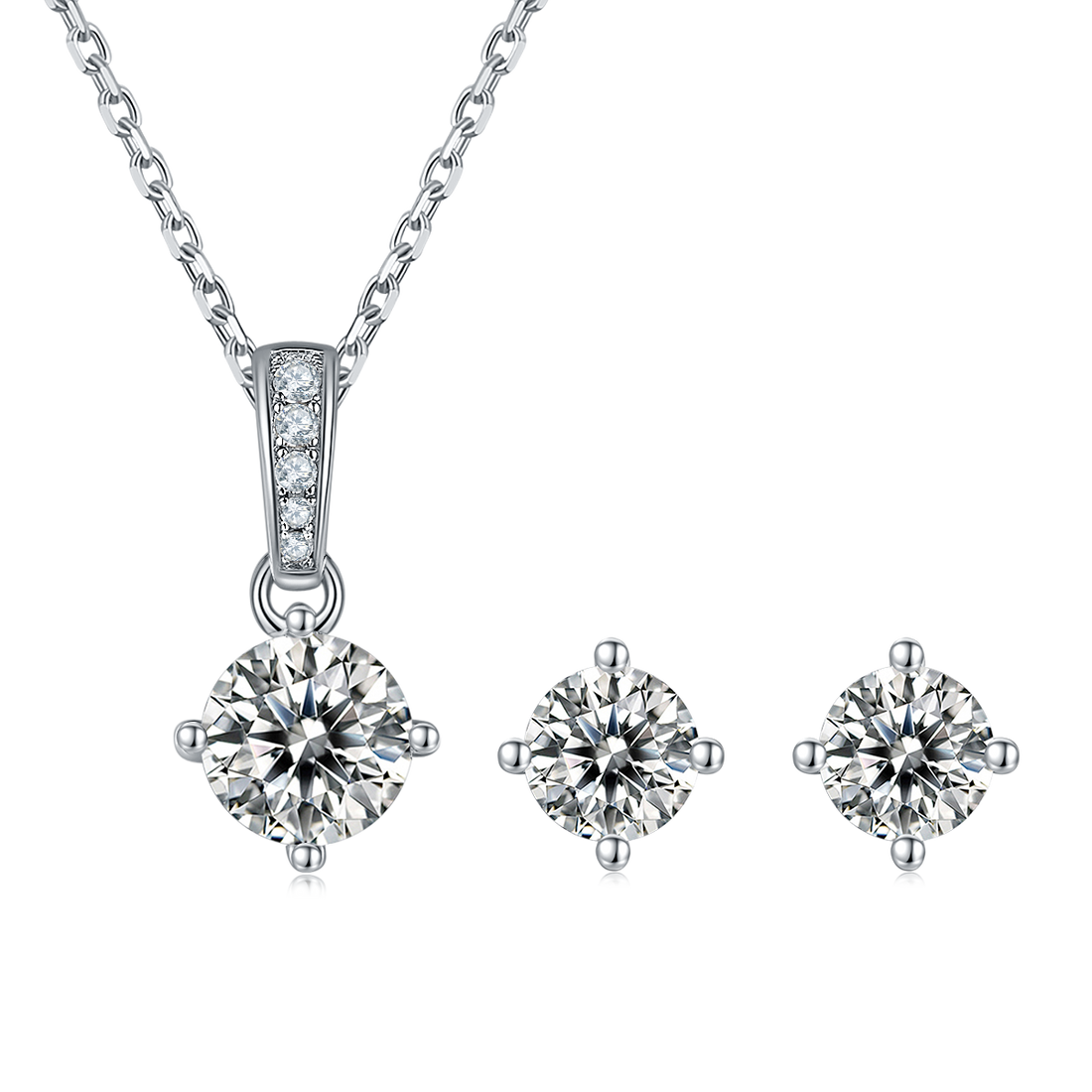 Moissanite Classic 4-Prong Pendant & Stud Earrings Set in White Gold Plated Sterling Silver#2