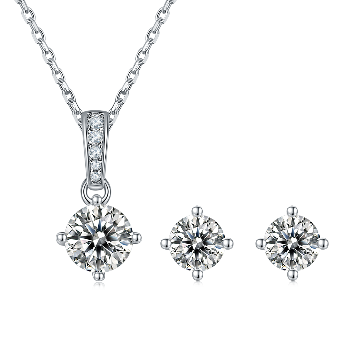 Moissanite Classic 4-Prong Pendant & Stud Earrings Set in White Gold Plated Sterling Silver#2