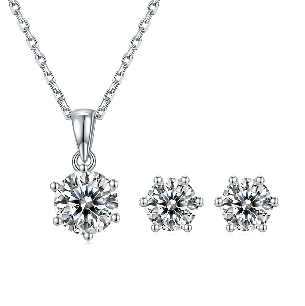 Moissanite Classic 6-Prong Pendant & Stud Earrings Set in White Gold Plated Sterling Silver#2