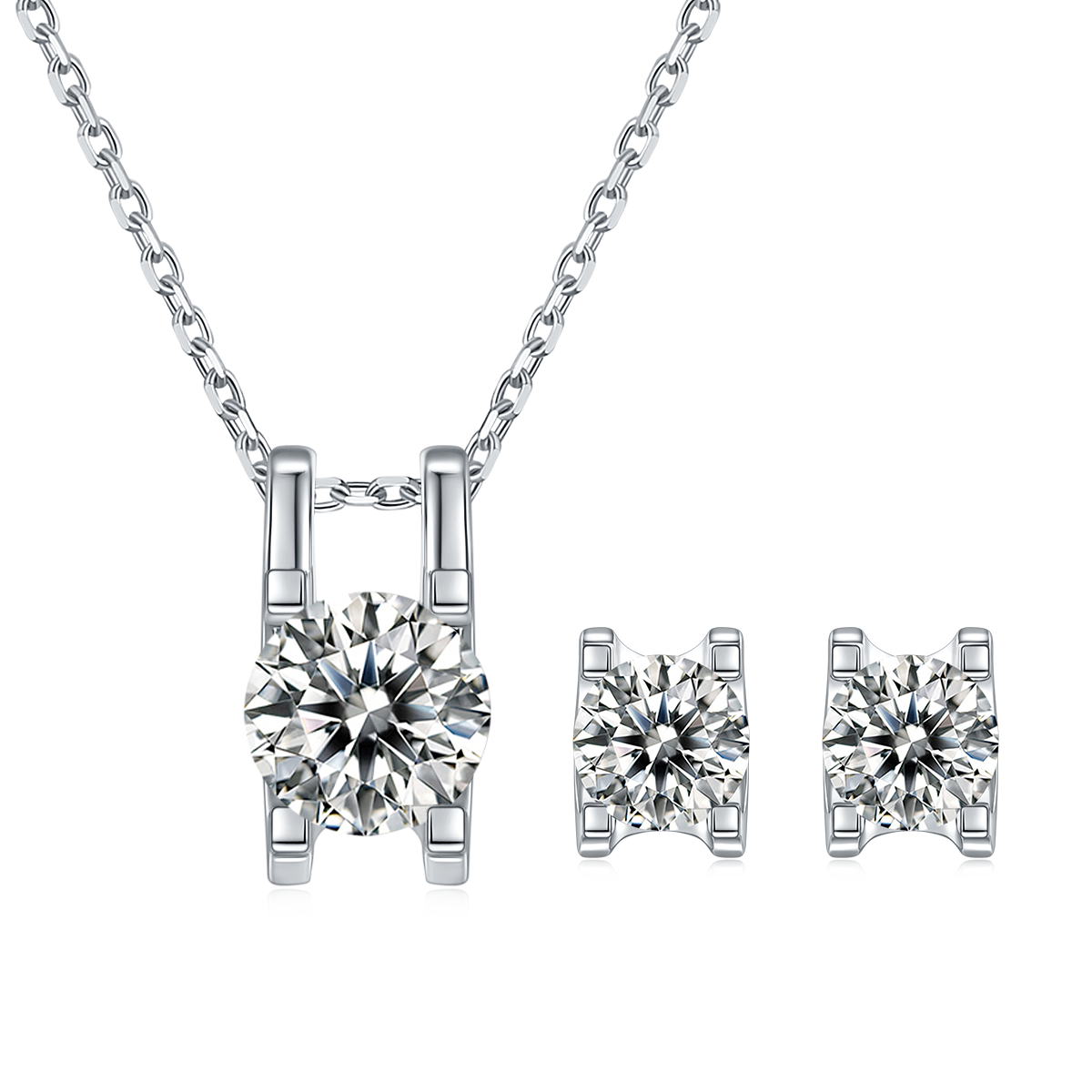 Moissanite Classic Peg Head Pendant & Stud Earrings Set in White Gold Plated Sterling Silver#2