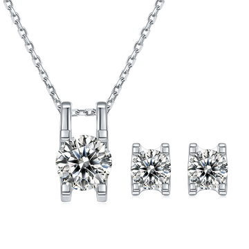 Moissanite Classic Peg Head Pendant & Stud Earrings Set in White Gold Plated Sterling Silver#2