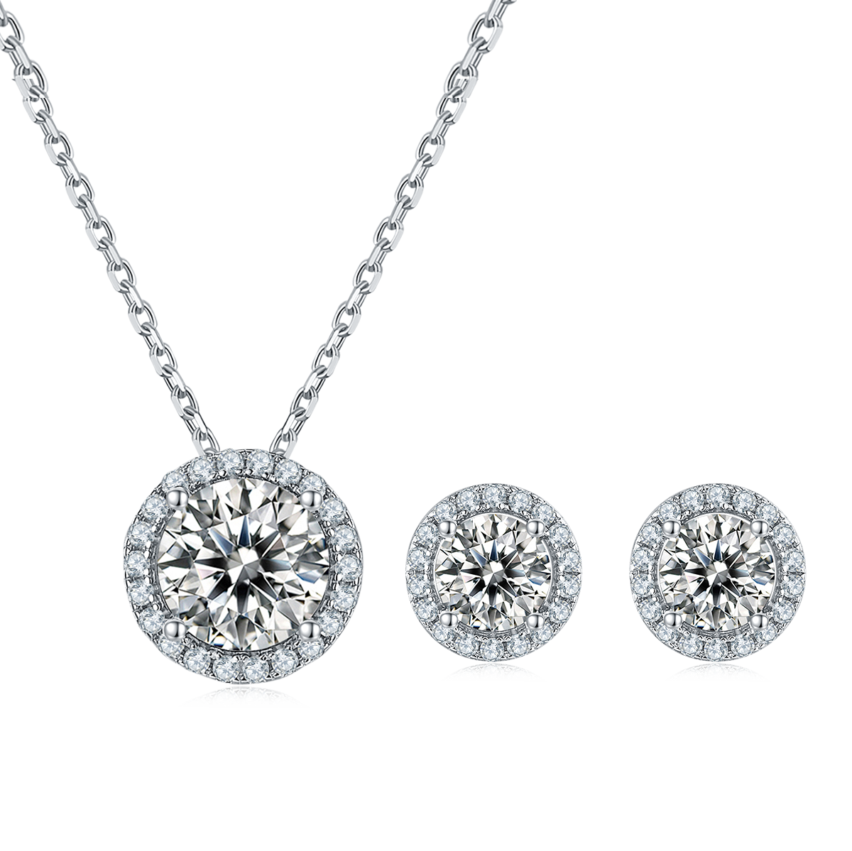Bezel Set Moissanite Luxury Pendant & Stud Earrings Set in White Gold Plated Sterling Silver#3