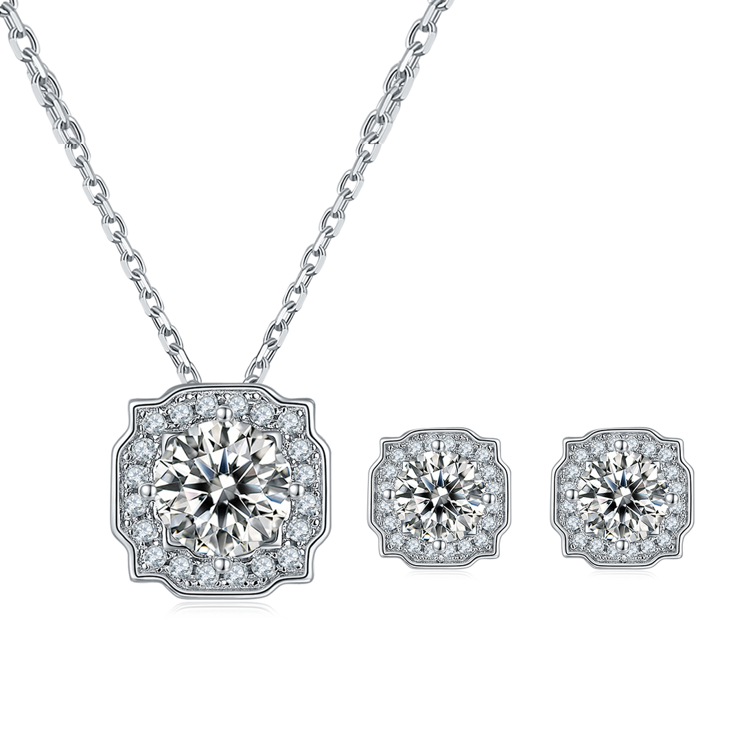 Moissanite Classic Luxury Halo Pendant & Stud Earrings Set in White Gold Plated Sterling Silver#3
