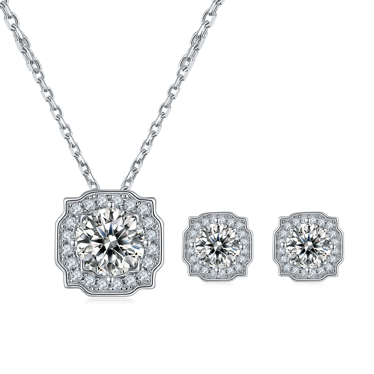 Moissanite Classic Luxury Halo Pendant & Stud Earrings Set in White Gold Plated Sterling Silver#3
