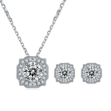 Moissanite Classic Luxury Halo Pendant & Stud Earrings Set in White Gold Plated Sterling Silver#3