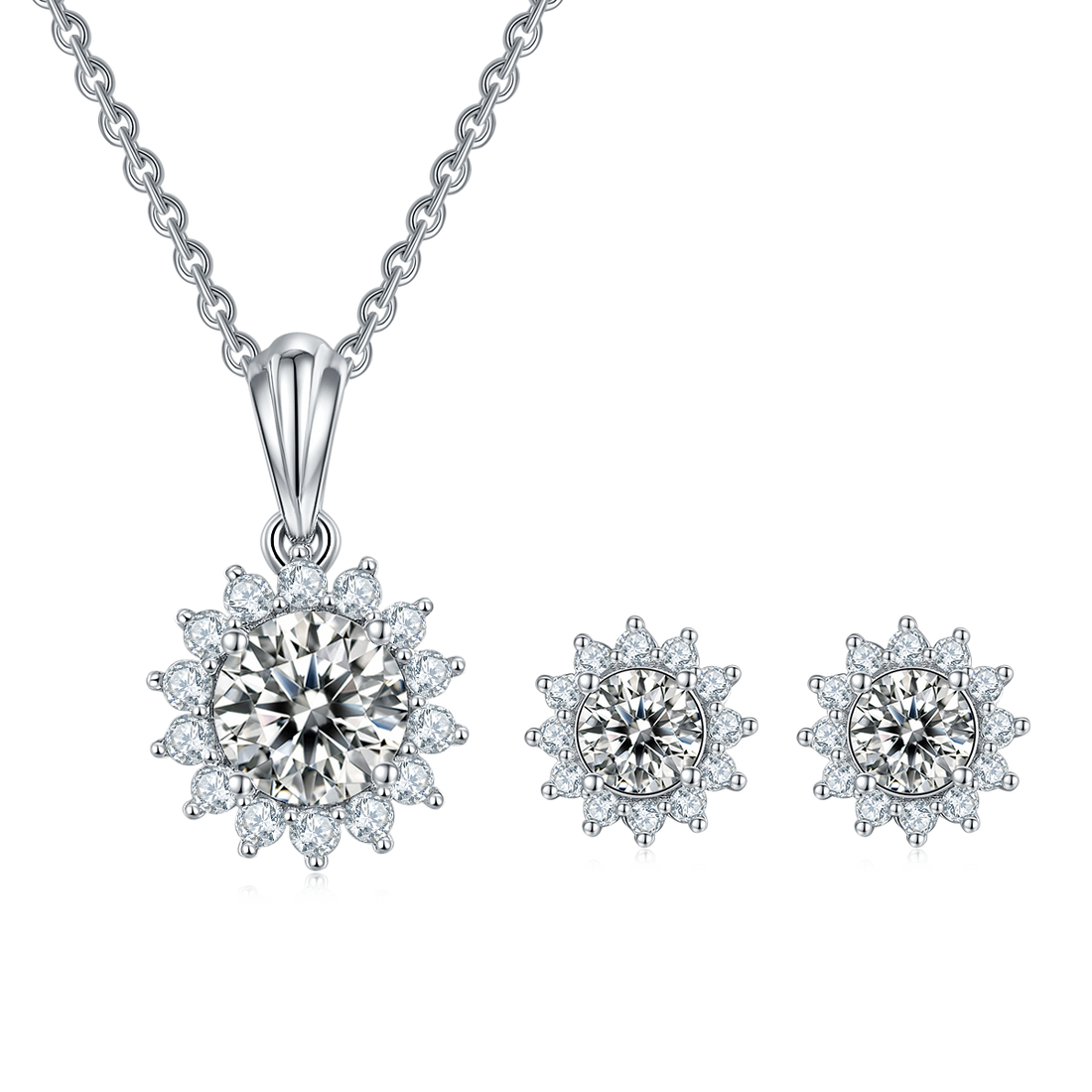 Moissanite Sunflower Pendant & Stud Earrings Set in White Gold Plated Sterling Silver#3