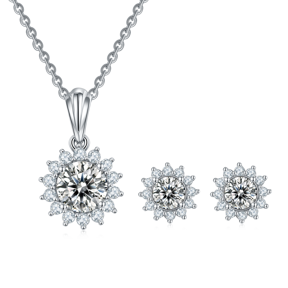 Moissanite Sunflower Pendant & Stud Earrings Set in White Gold Plated Sterling Silver#3