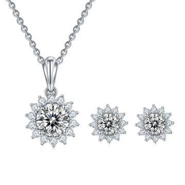 Moissanite Sunflower Pendant & Stud Earrings Set in White Gold Plated Sterling Silver#3
