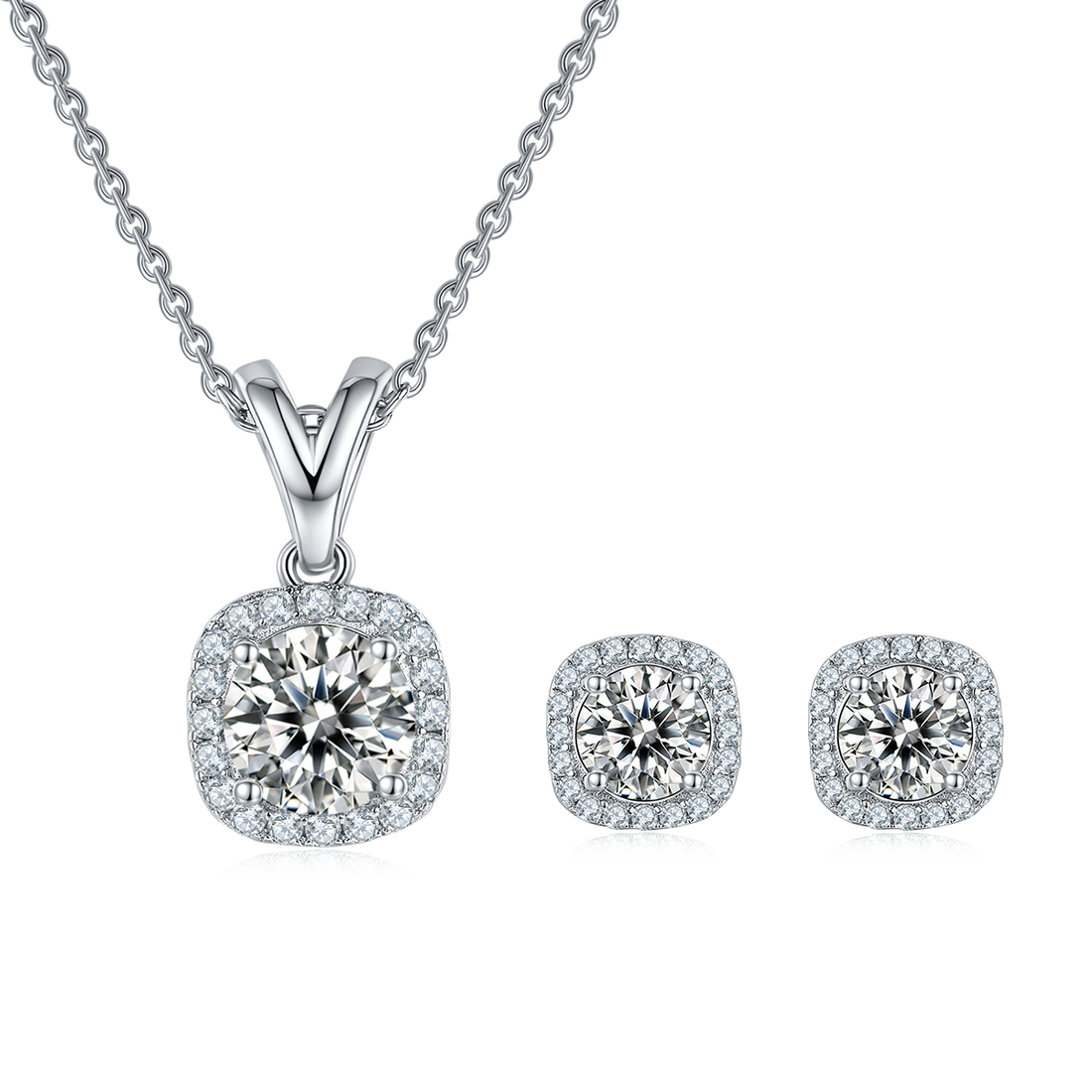 square Bezel Set Moissanite Classic Pendant & Stud Earrings Set in White Gold Plated Sterling Silver#2