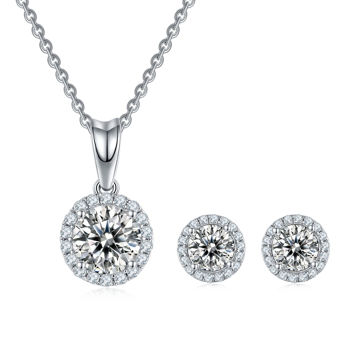 Bezel Set Moissanite Classic Pendant & Stud Earrings Set in White Gold Plated Sterling Silver#2