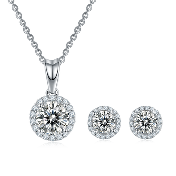 Bezel Set Moissanite Classic Pendant & Stud Earrings Set in White Gold Plated Sterling Silver#2