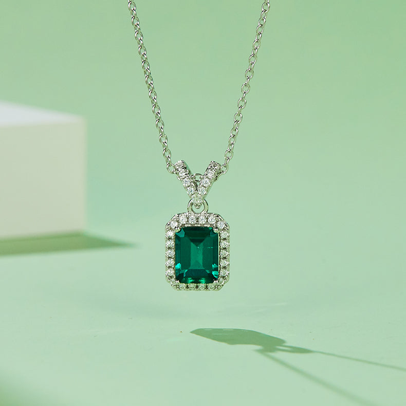 P0024 Rectangular Cultivated Emerald S925 Silver Plated White Gold Necklace Main Stone 8*6mm/1.25CT#1