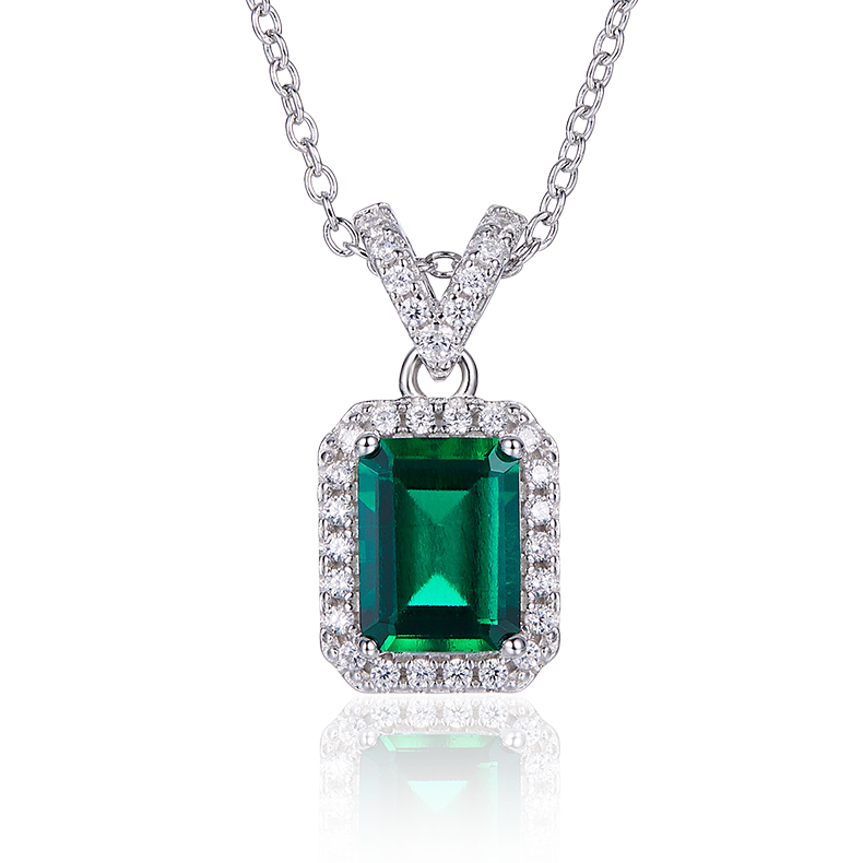 P0024 Rectangular Cultivated Emerald S925 Silver Plated White Gold Necklace Main Stone 8*6mm/1.25CT#0