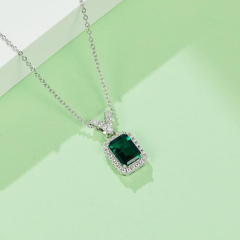 P0024 Rectangular Cultivated Emerald S925 Silver Plated White Gold Necklace Main Stone 8*6mm/1.25CT#2