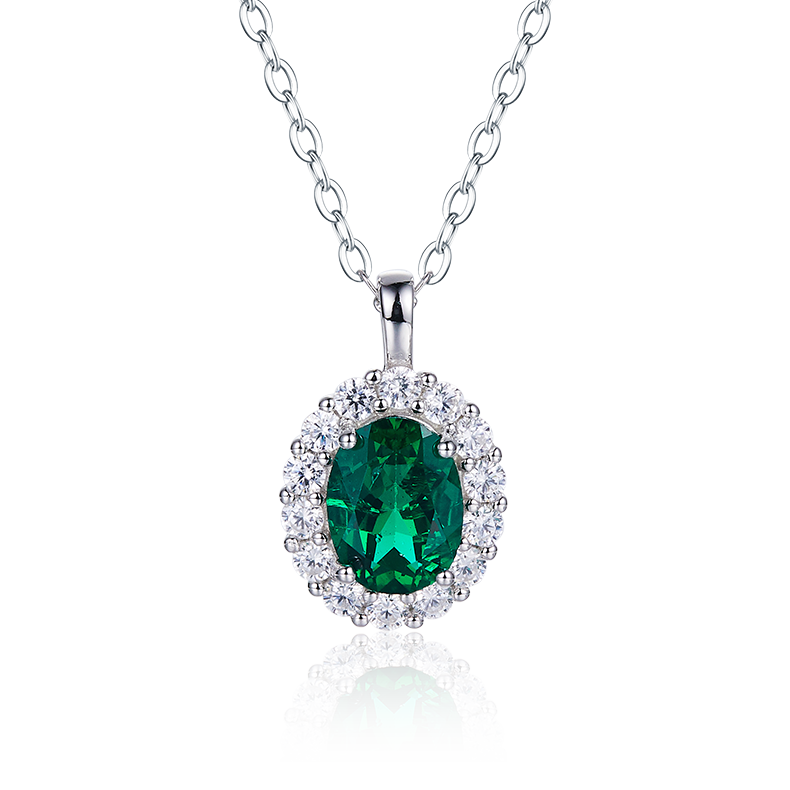 1.0 CT (8x6mm) Oval Cut Lab-Grown Emerald Necklace in White Gold Plated Sterling Silver#0