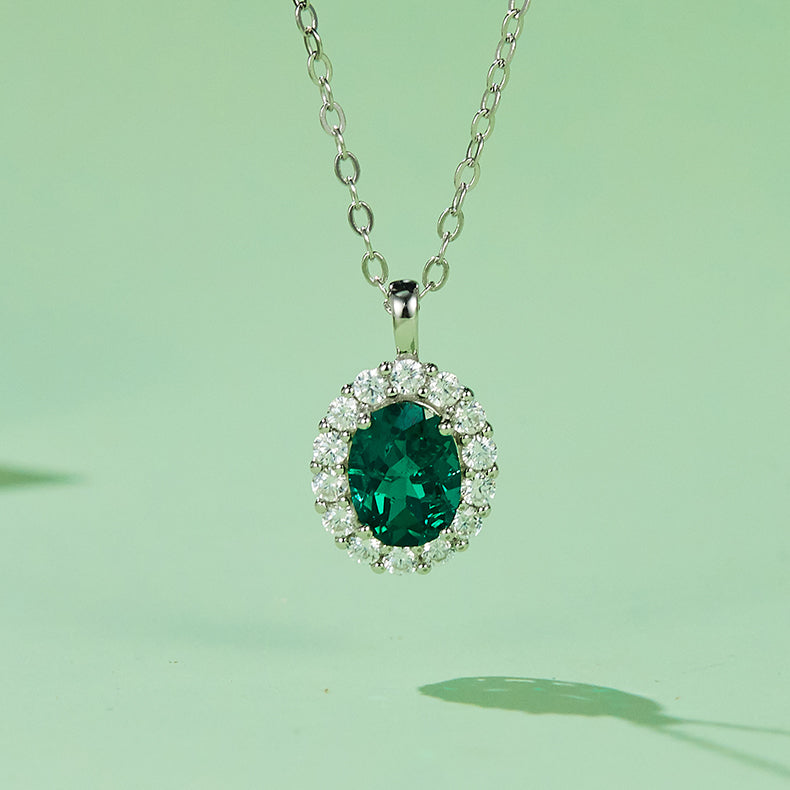 1.0 CT (8x6mm) Oval Cut Lab-Grown Emerald Necklace in White Gold Plated Sterling Silver#0