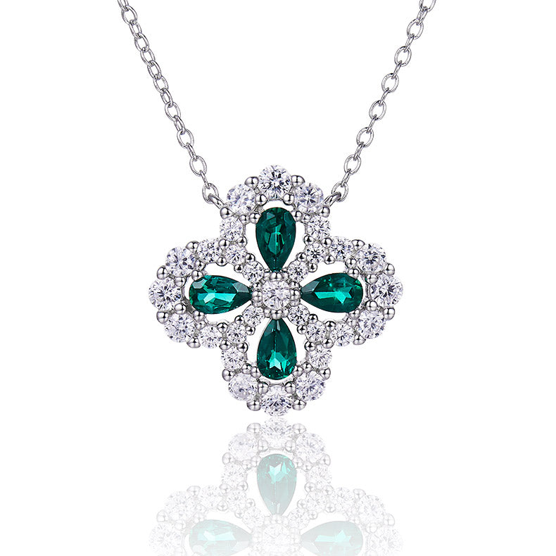 1.0 CT Clover Lab-Grown Emerald Necklace in White Gold Plated Sterling Silver#0