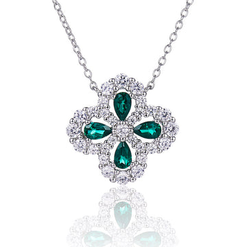 1.0 CT Clover Lab-Grown Emerald Necklace in White Gold Plated Sterling Silver#0