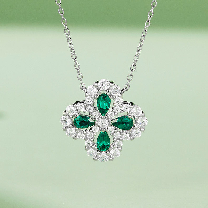 1.0 CT Clover Lab-Grown Emerald Necklace in White Gold Plated Sterling Silver#1