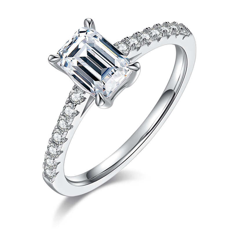 1.0 CT D Color Emerald Cut Moissanite Pave Custom Ring in White Gold Plated Sterling Silver#0