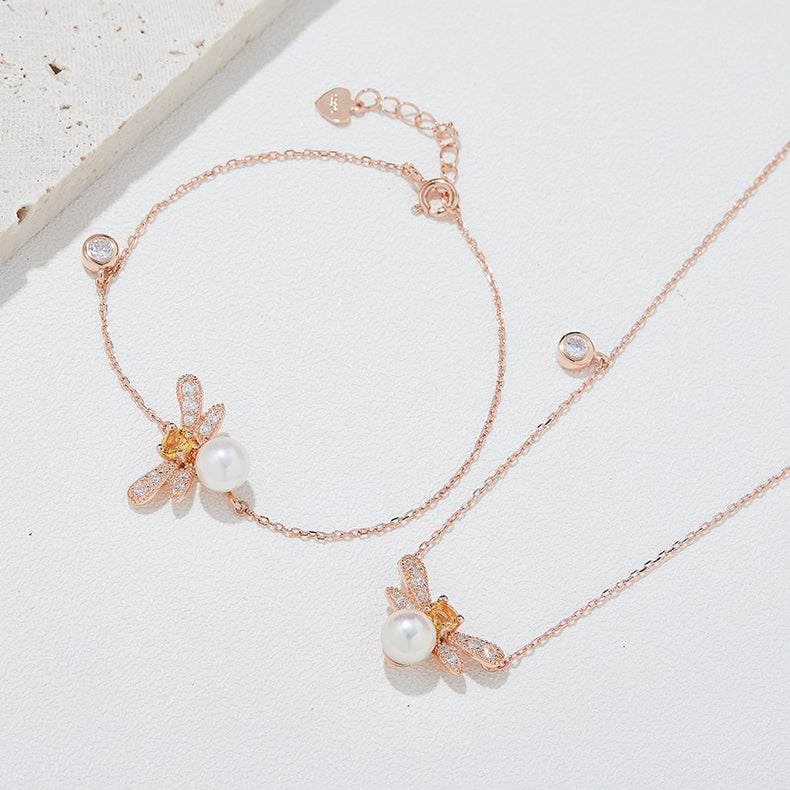 Freshwater Pearl Bee Necklace & Bracelet Set in 18K Rose Gold Plated Sterling Silver#5