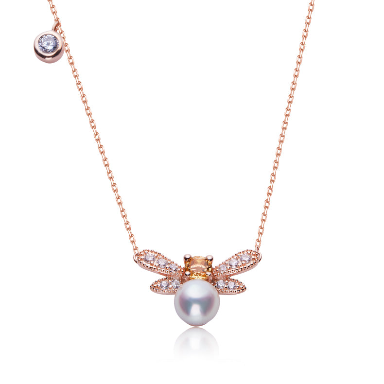 Freshwater Pearl Bee Necklace & Bracelet Set in 18K Rose Gold Plated Sterling Silver#0