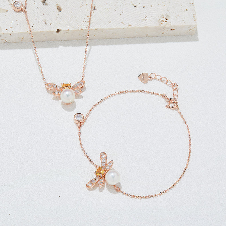 Freshwater Pearl Bee Necklace & Bracelet Set in 18K Rose Gold Plated Sterling Silver#4