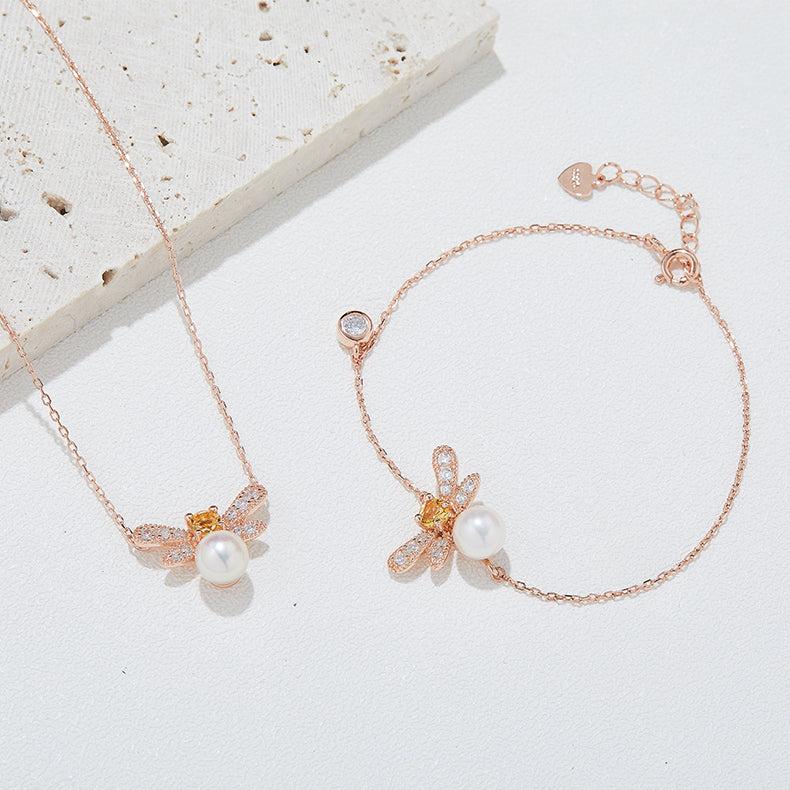 Freshwater Pearl Bee Necklace & Bracelet Set in 18K Rose Gold Plated Sterling Silver#3