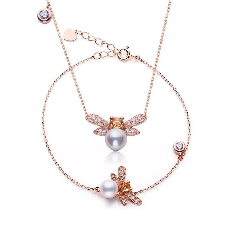 Freshwater Pearl Bee Necklace & Bracelet Set in 18K Rose Gold Plated Sterling Silver#2