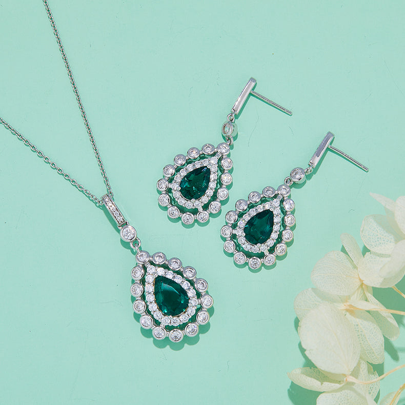 3.75 CT Main Stone (10.5x7mm / 9x6mm) Pear Cut Lab-Grown Emerald Pendant & Earrings Set in White Gold Plated Sterling Silver#3