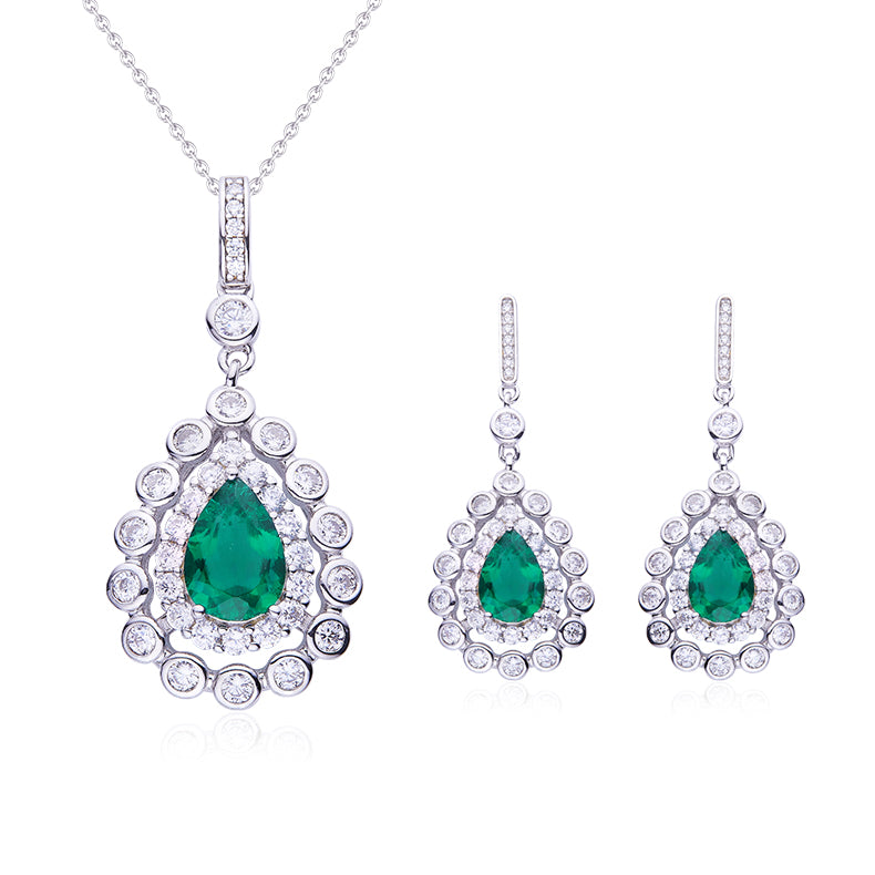 3.75 CT Main Stone (10.5x7mm / 9x6mm) Pear Cut Lab-Grown Emerald Pendant & Earrings Set in White Gold Plated Sterling Silver#2
