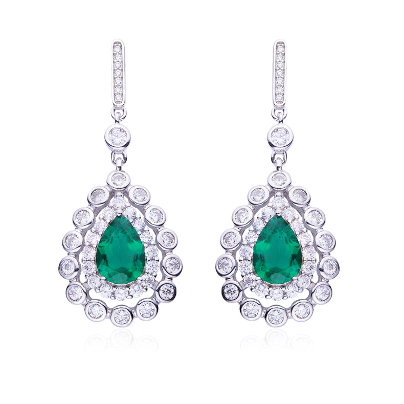 3.75 CT Main Stone (10.5x7mm / 9x6mm) Pear Cut Lab-Grown Emerald Pendant & Earrings Set in White Gold Plated Sterling Silver#1