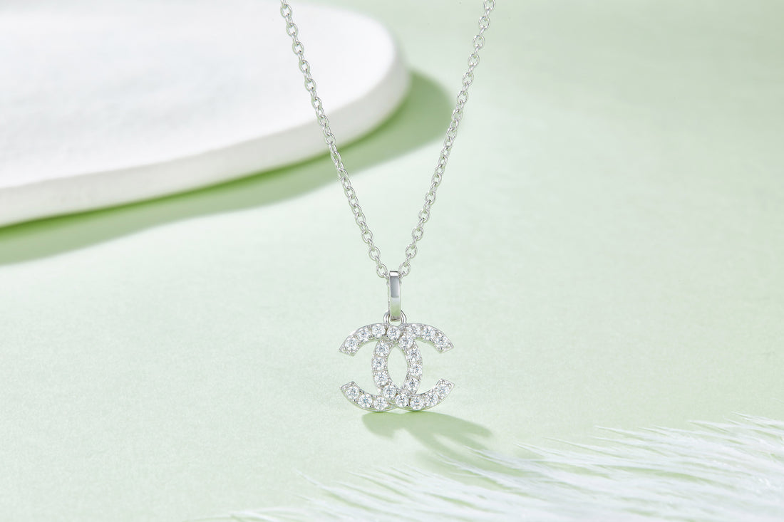 0.22 CT Moissanite Double C Necklace in White Gold Plated Sterling Silver#0