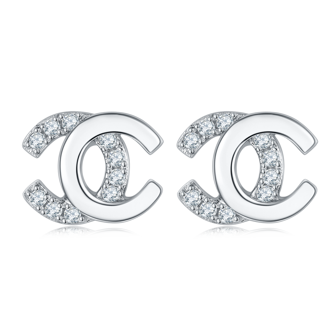 0.08 CT Moissanite Double C Stud Earrings in White Gold Plated Sterling Silver#0
