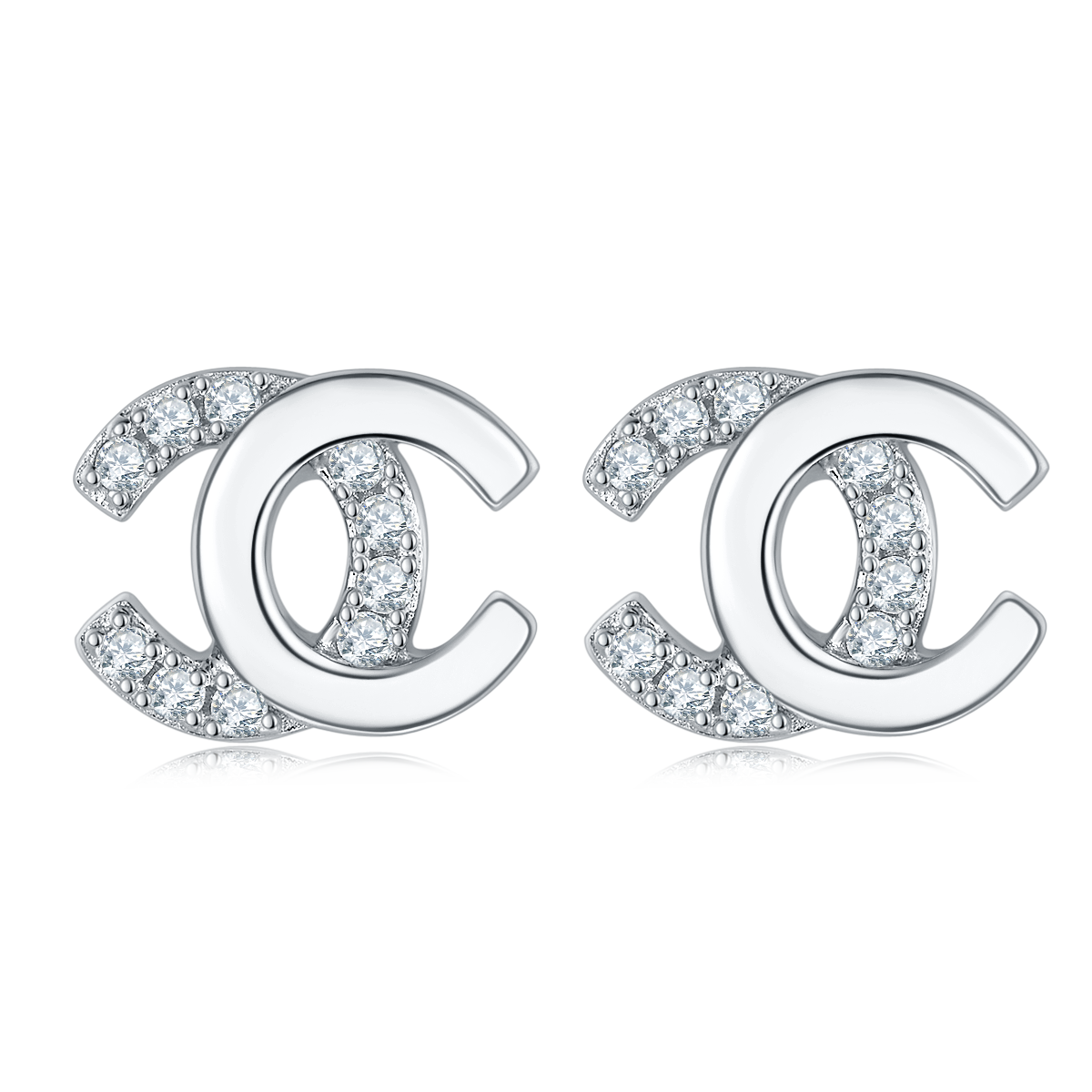 0.08 CT Moissanite Double C Stud Earrings in White Gold Plated Sterling Silver#0