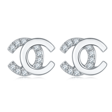 0.08 CT Moissanite Double C Stud Earrings in White Gold Plated Sterling Silver#0