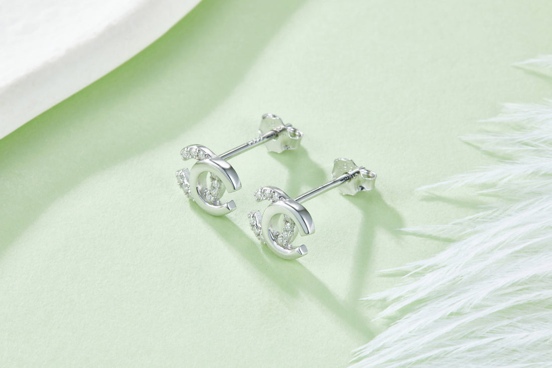 0.08 CT Moissanite Double C Stud Earrings in White Gold Plated Sterling Silver#0