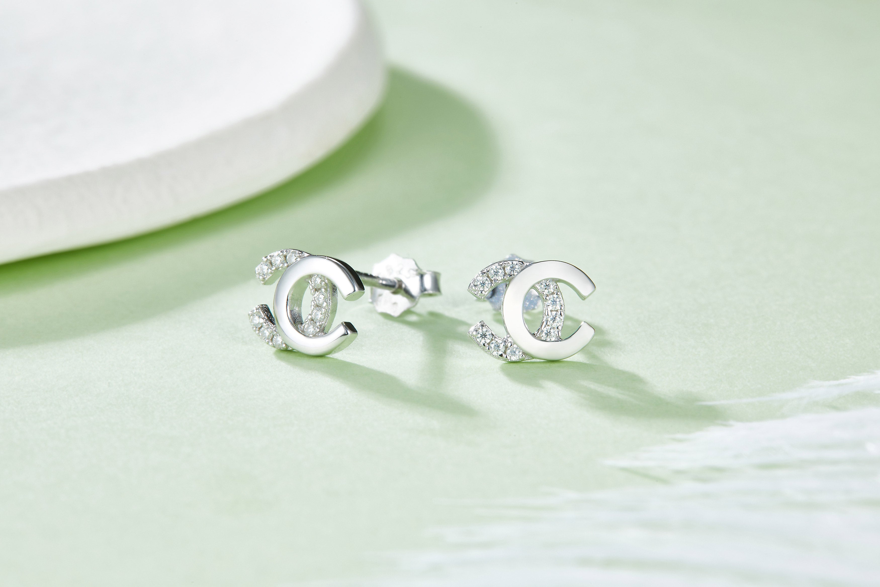 0.08 CT Moissanite Double C Stud Earrings in White Gold Plated Sterling Silver#2