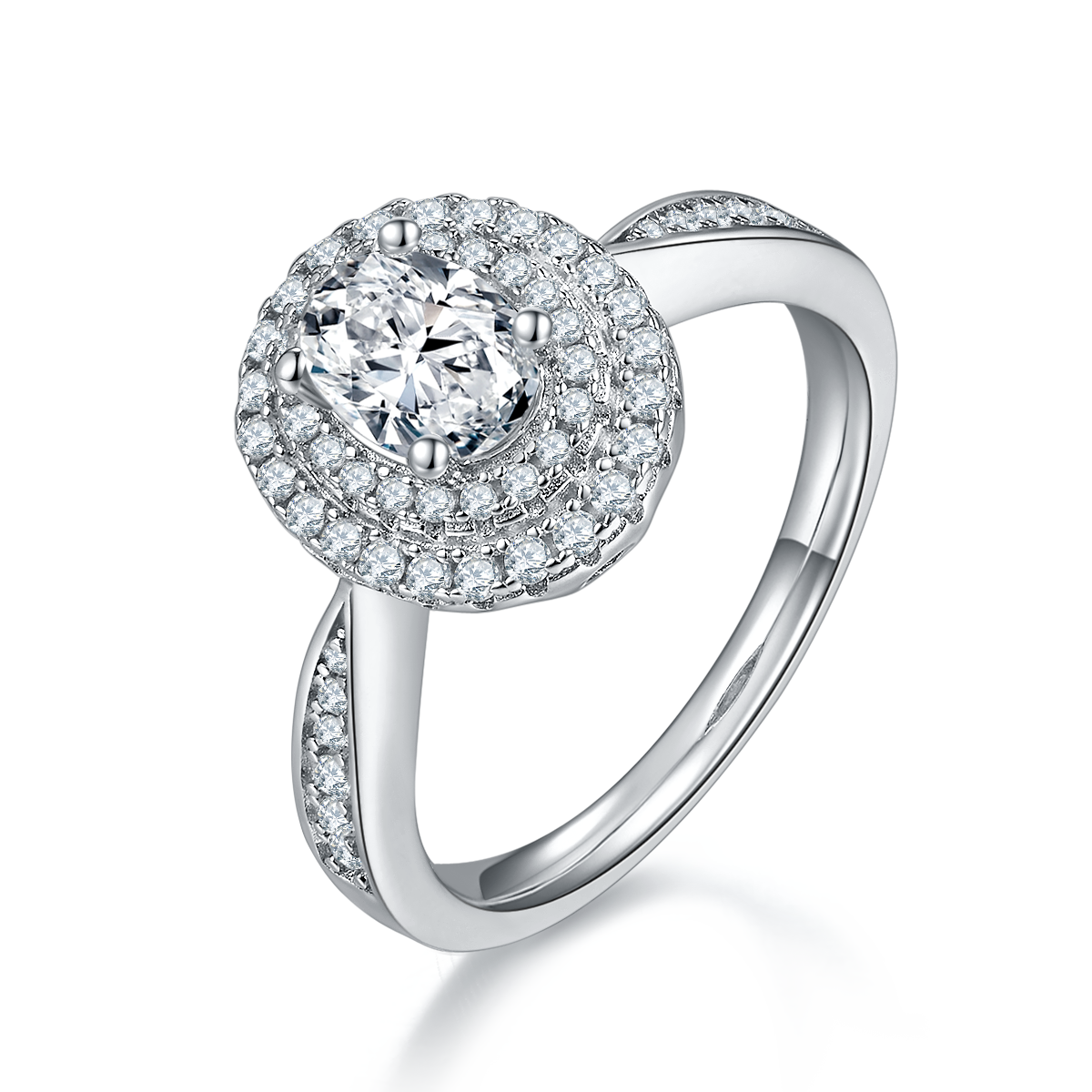 1.0 CT D Color Oval Cut Moissanite Halo Ring in White Gold Plated Sterling Silver#0