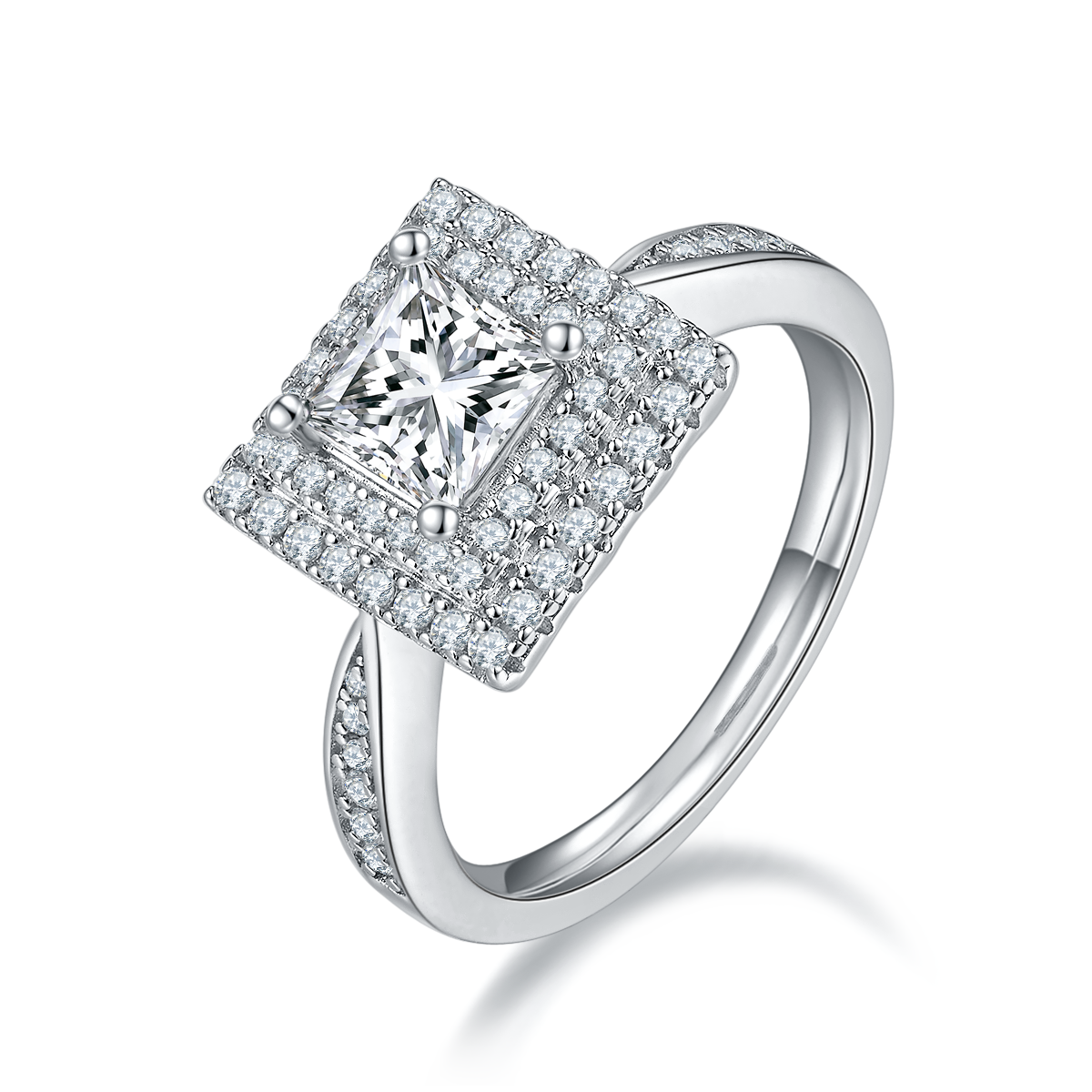 1.0 CT D Color Princess Cut Moissanite Halo Ring in White Gold Plated Sterling Silver#0