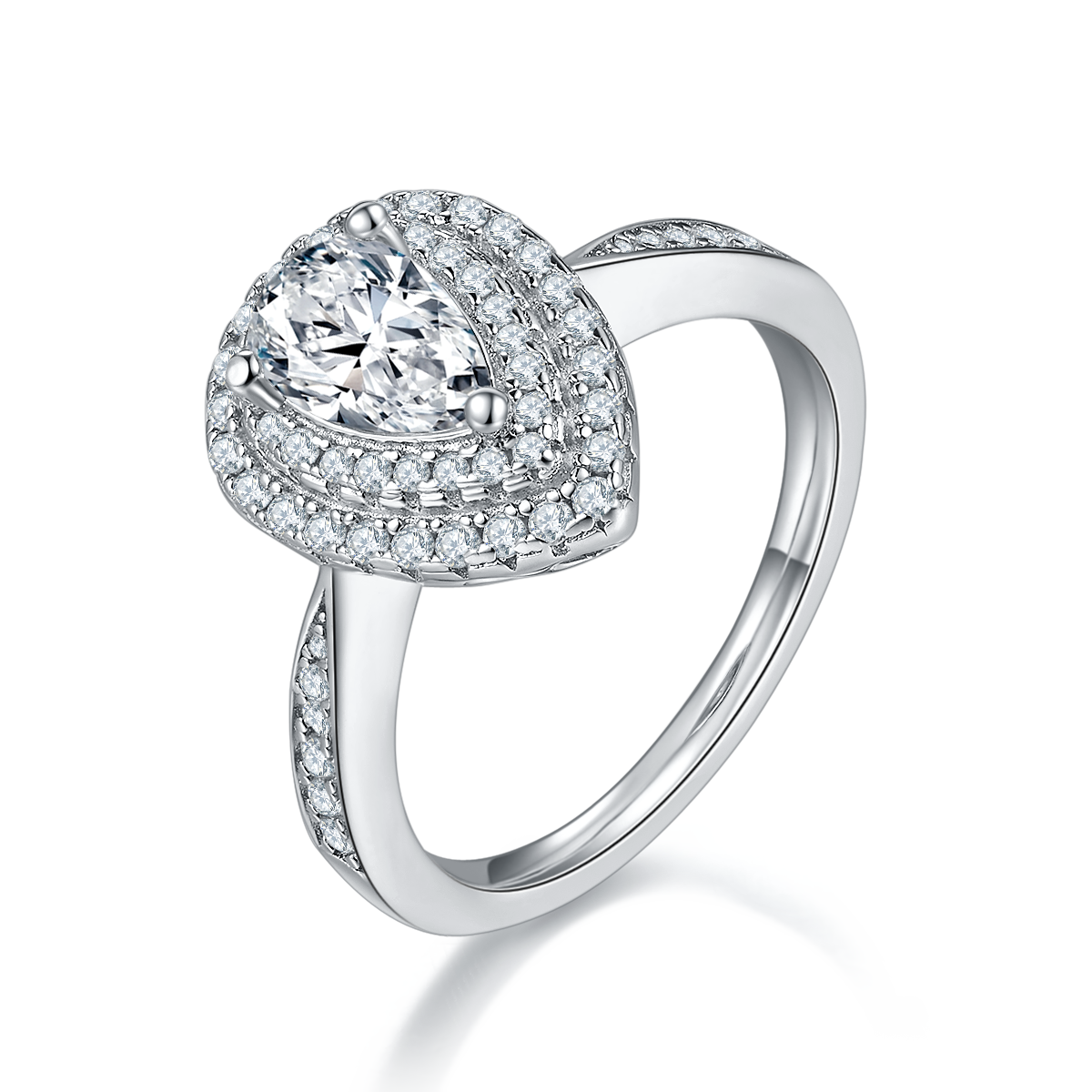 1.0 CT D Color Pear Cut Moissanite Halo Ring in White Gold Plated Sterling Silver#0
