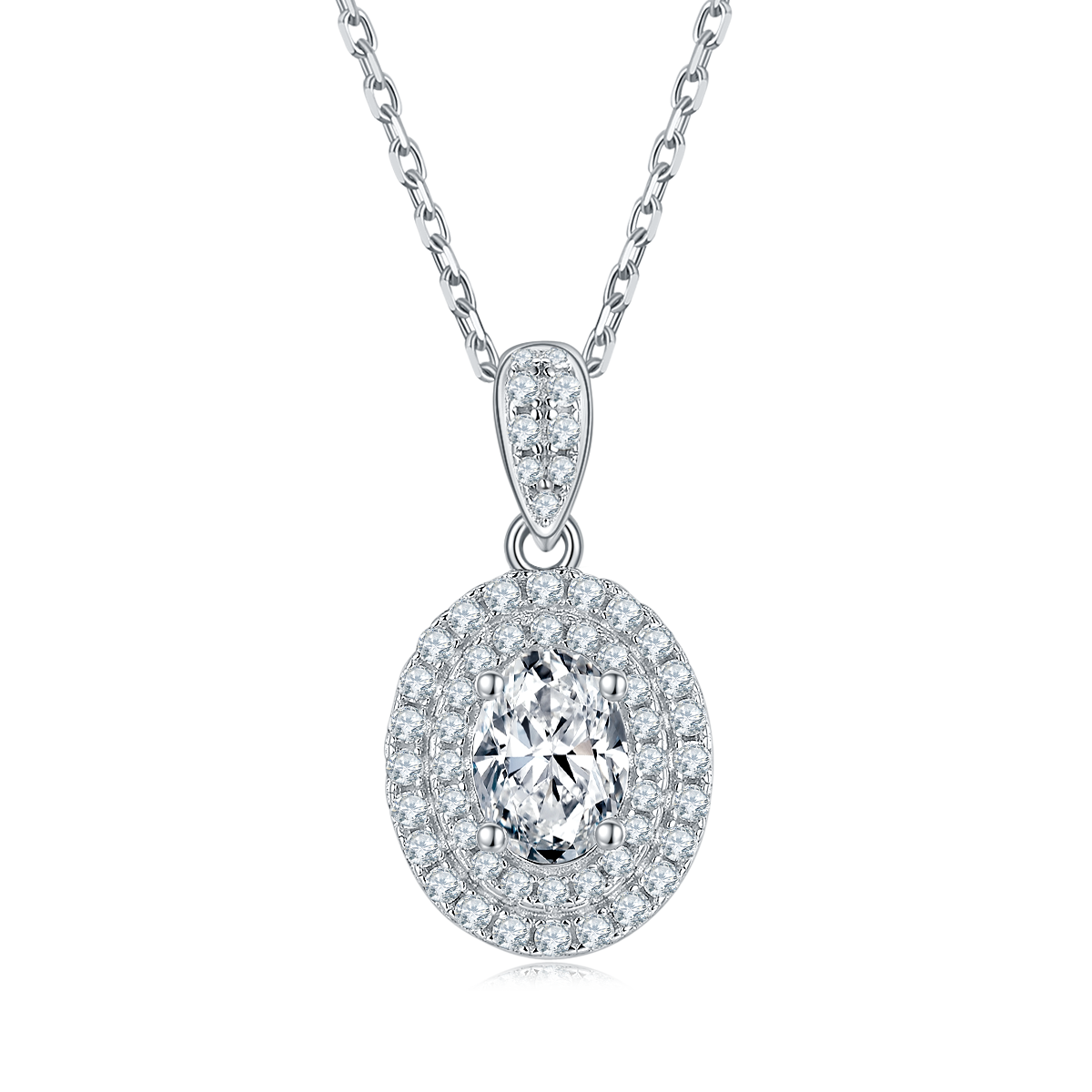 Oval Cut Moissanite Halo Pendant & Stud Earrings Set in White Gold Plated Sterling Silver#5