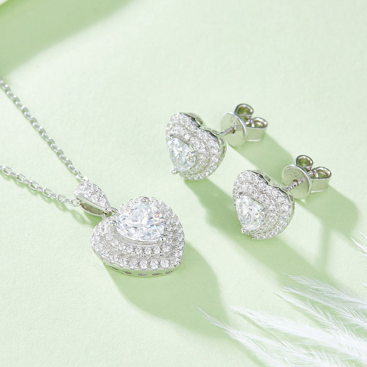 Heart Cut Moissanite Halo Pendant & Stud Earrings Set in White Gold Plated Sterling Silver#7