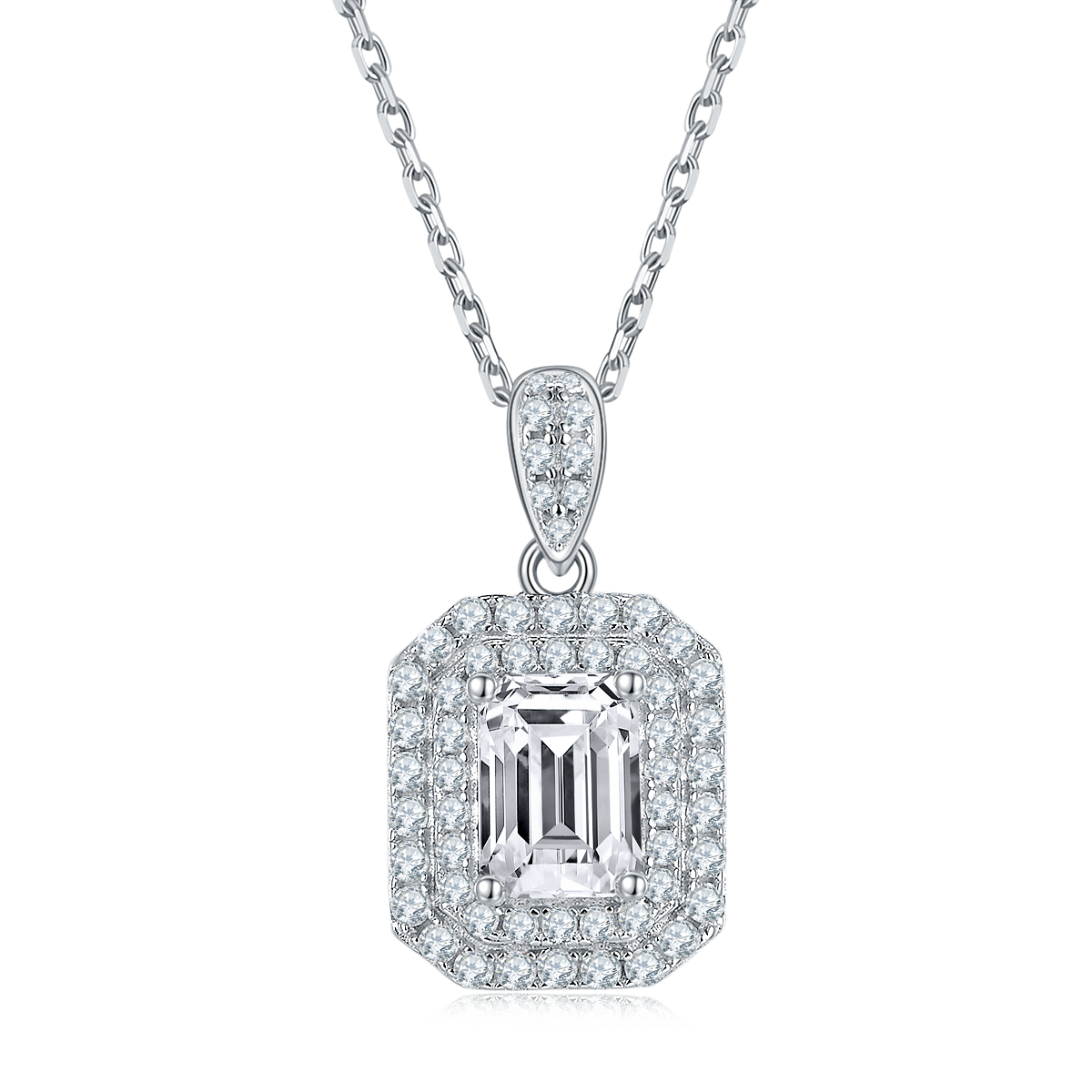 Emerald Cut Moissanite Halo Pendant & Stud Earrings Set in White Gold Plated Sterling Silver#5