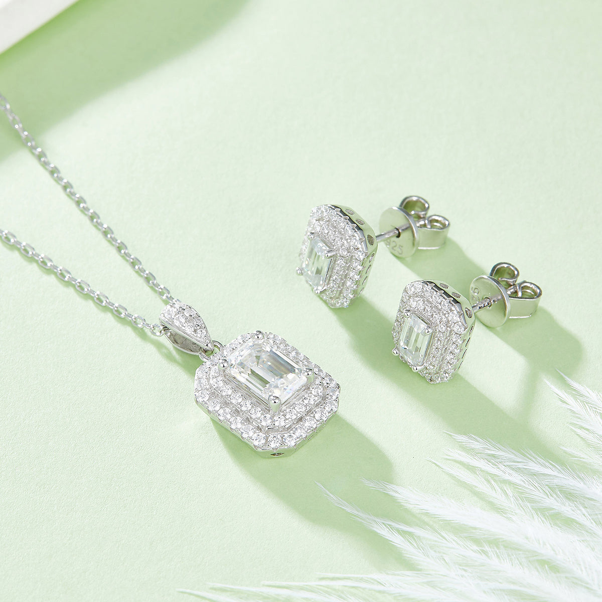 Emerald Cut Moissanite Halo Pendant & Stud Earrings Set in White Gold Plated Sterling Silver#7