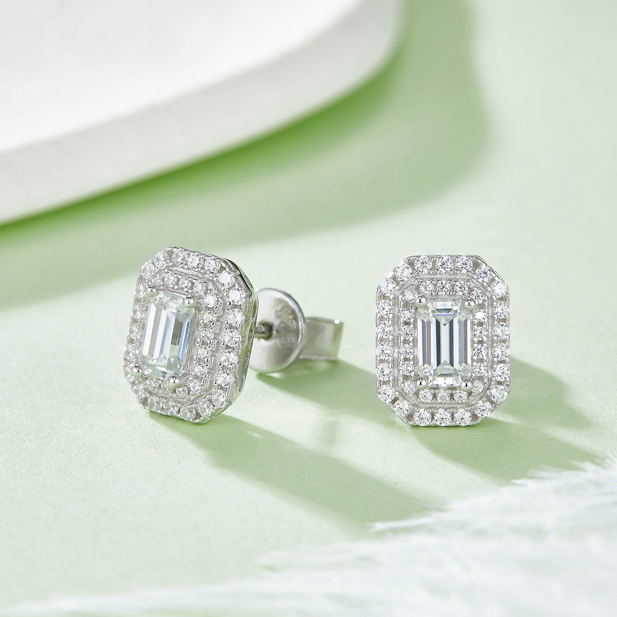 Emerald Cut Moissanite Halo Pendant & Stud Earrings Set in White Gold Plated Sterling Silver#9