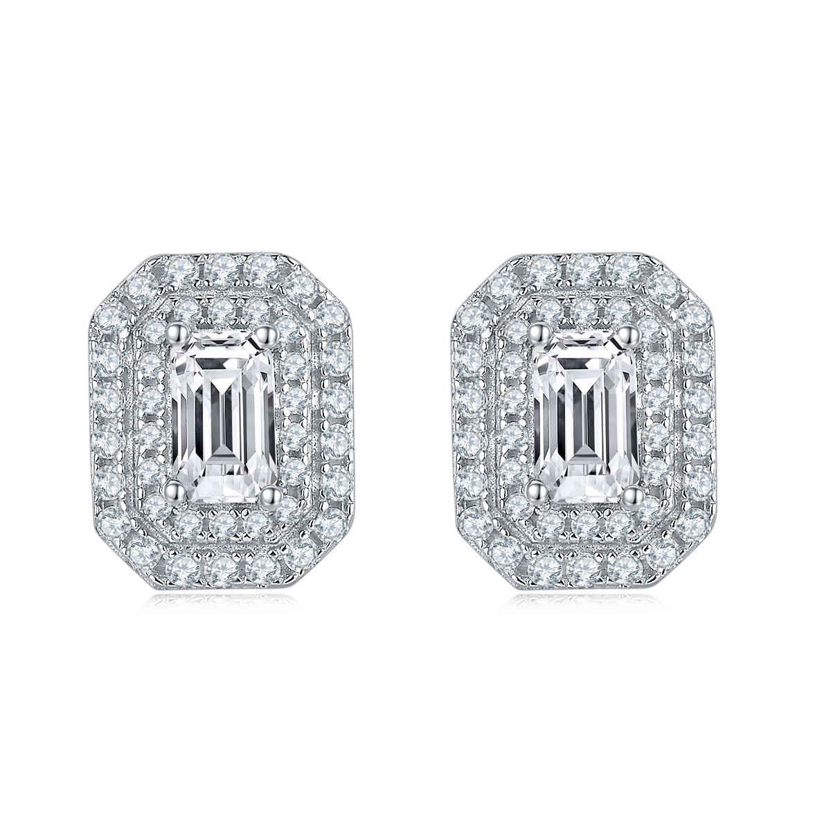 Emerald Cut Moissanite Halo Pendant & Stud Earrings Set in White Gold Plated Sterling Silver#6