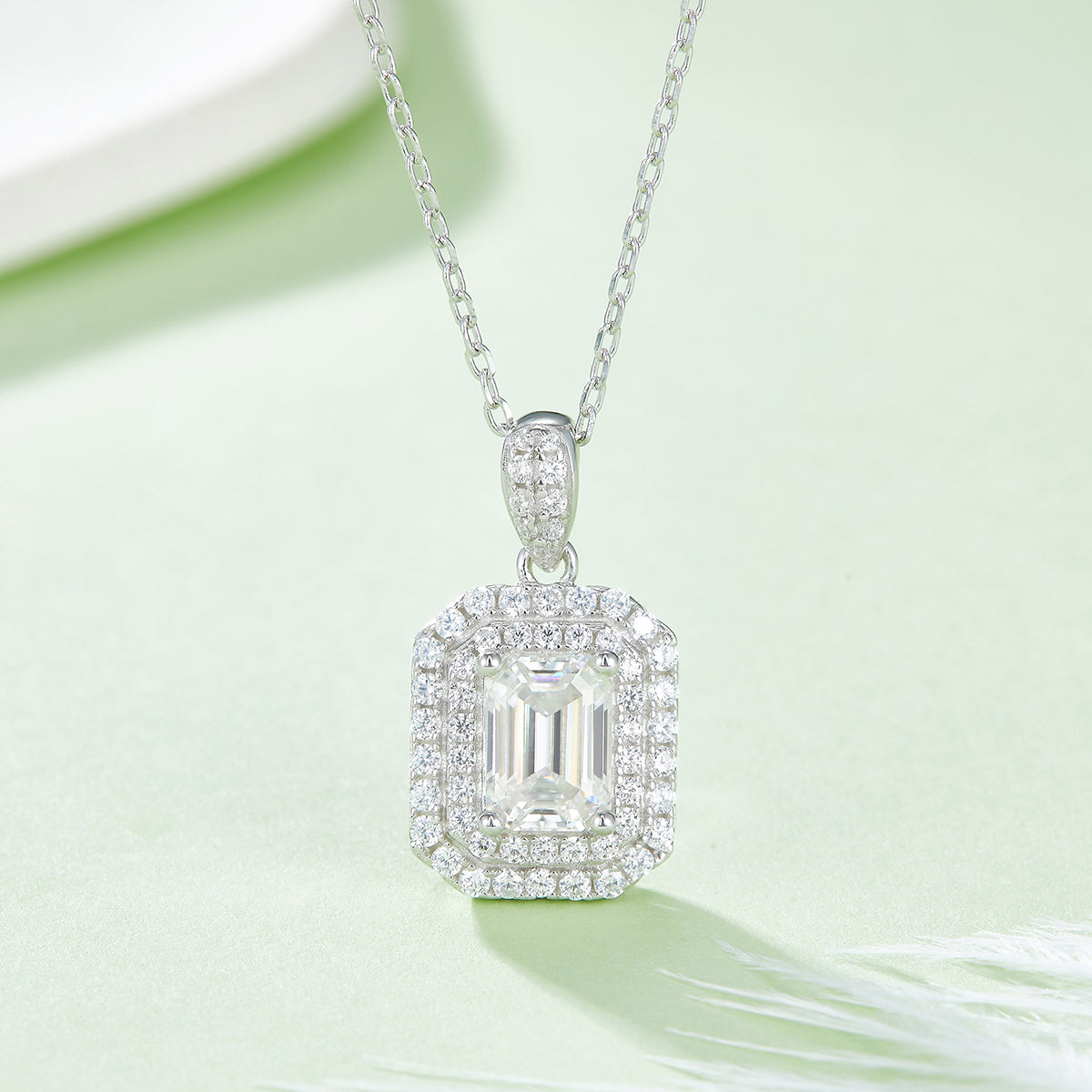 Emerald Cut Moissanite Halo Pendant & Stud Earrings Set in White Gold Plated Sterling Silver#8